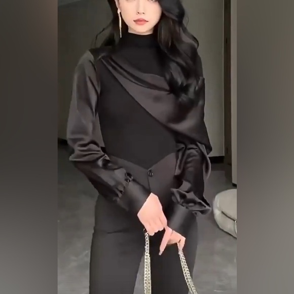 Tops - French Drape Elegant Black Satin Blouse